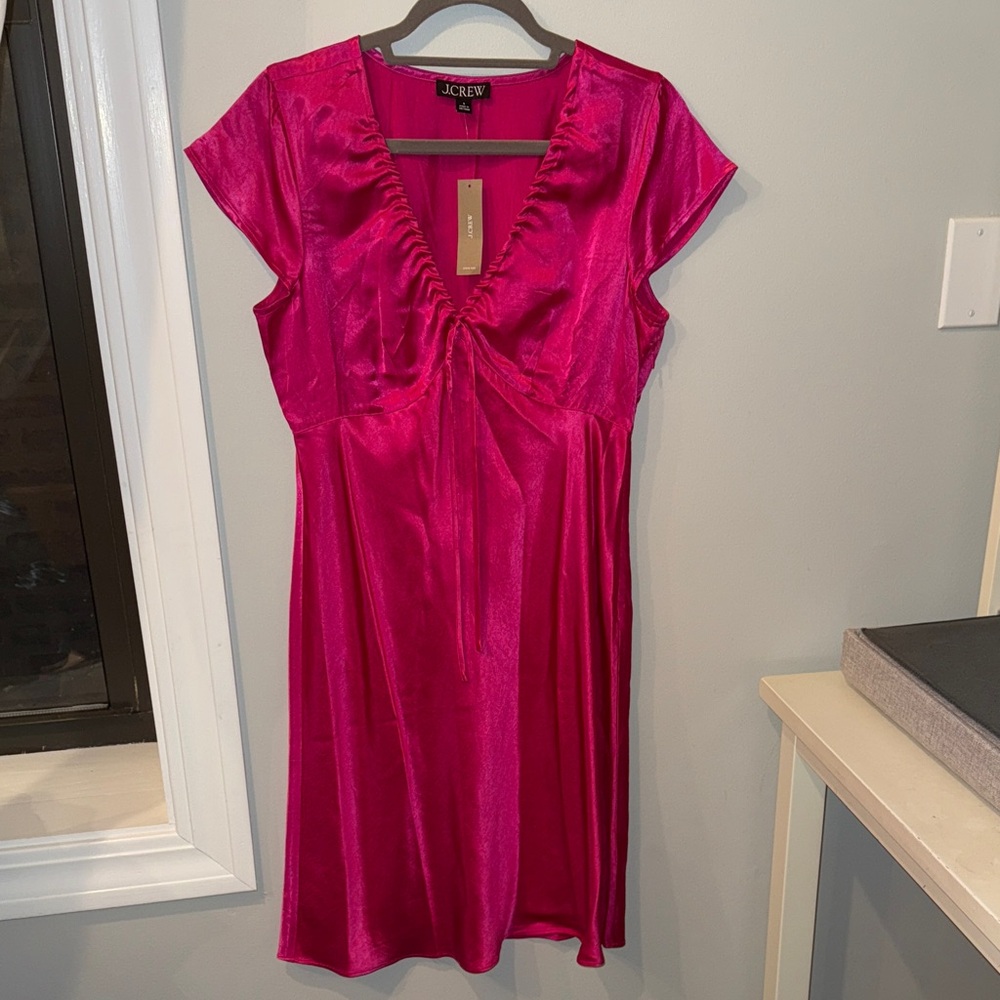 J. Crew Fuchsia Satin V-Neck Dress